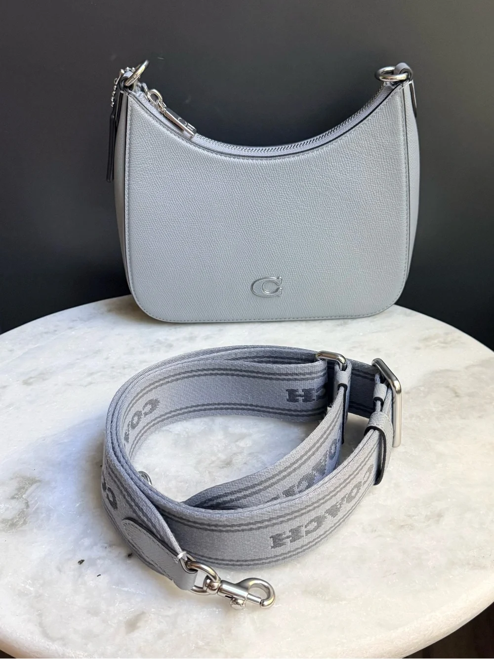 Coach Small Crossgrain Leather Hobo Crossbody Bag Grey Blue CJ842